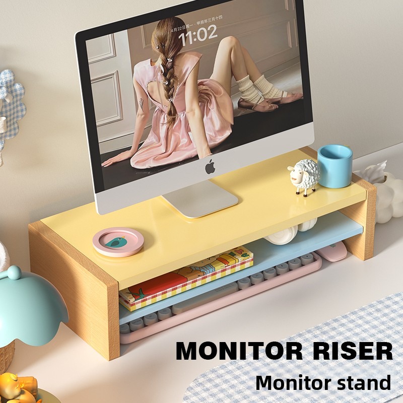 Desk Setup Workspace - Drewniany podwyższacz do monitora z półką
