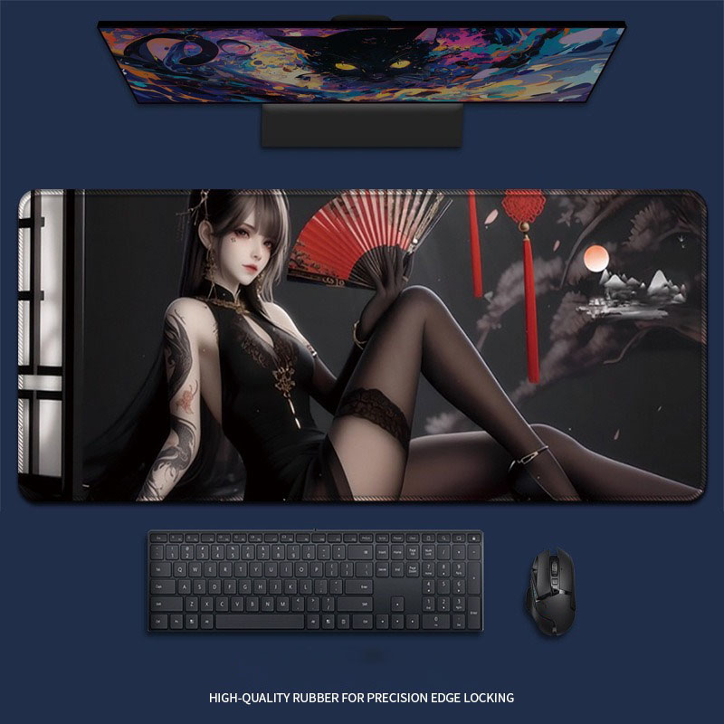 Desk Setup Red - Seksowna Anime Dziewczyna Czerwony Wachlarz Duża