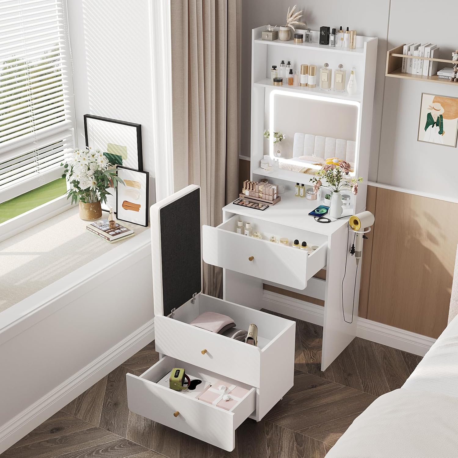 Desk Setup In Small Bedroom - Toaletka z lustrem i oświetleniem, biały